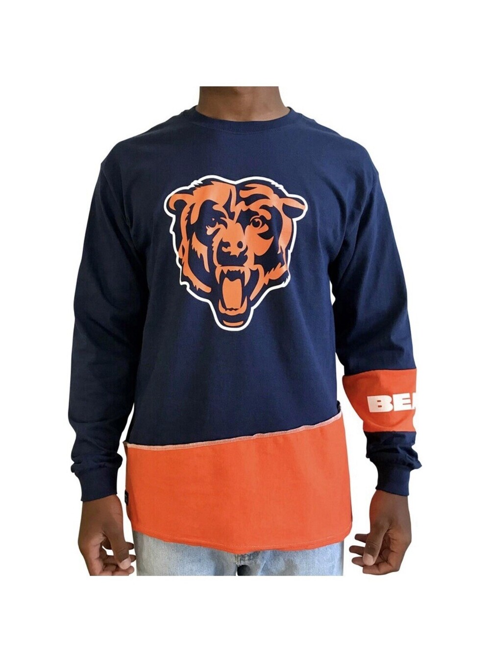 Distressed Men’s Chicago Bears Fanatics NFL Long Sleeve Shirt sz M/L Navy Orange